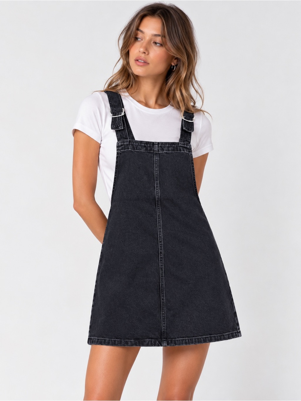 Topshop Black Denim Pinafore Mini Dress Overall Style US 6